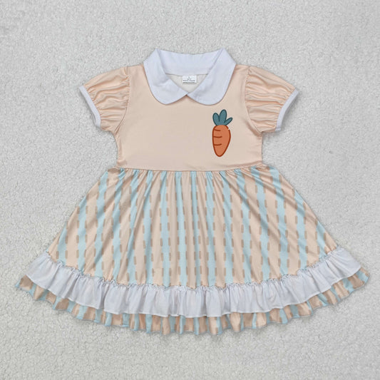 Baby Girl Short Sleeves Easter Carrot Knee Length Plaid Ruffle Dress