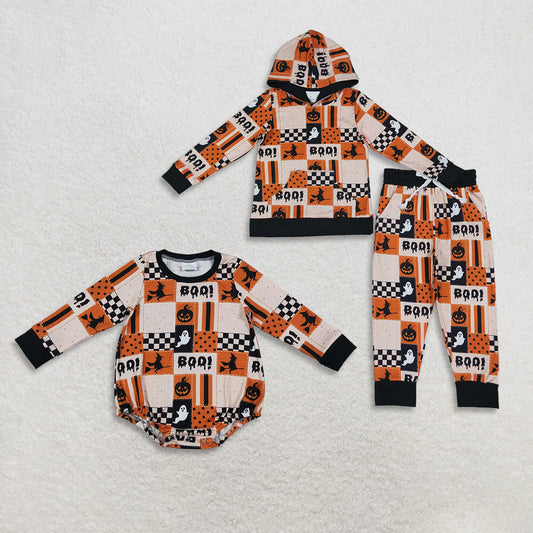 Sibling Baby Boys Kids Halloween Pumpkins Ghosts Plaid Romper Hoodie Set Clothes RTS