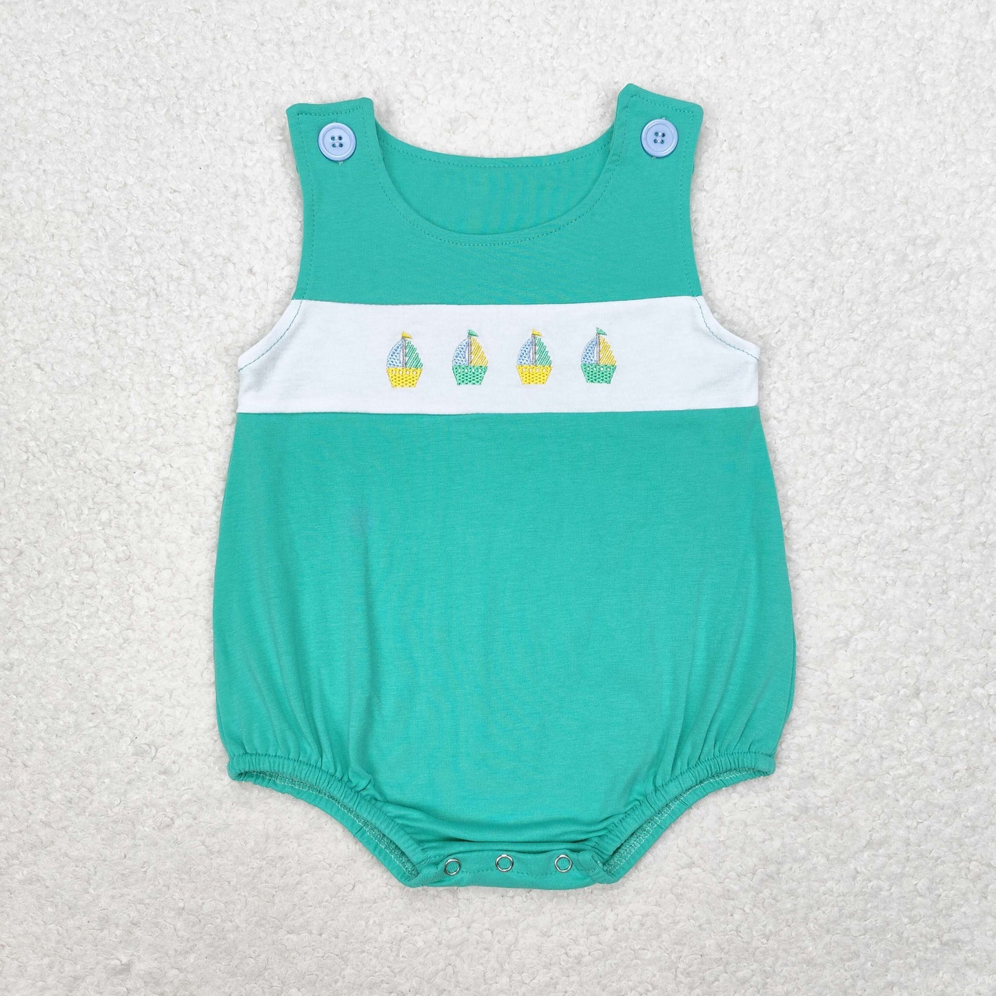 Baby Boy Sleeveless Embroidery Boats Green One Piece Romper