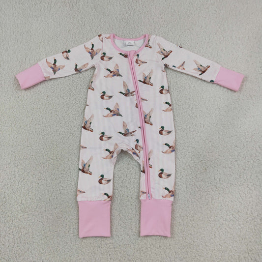 Baby Kids Infant Long Sleeves Ducks Pink Stripes Zipper Footie Sleeper Romper Clothes RTS