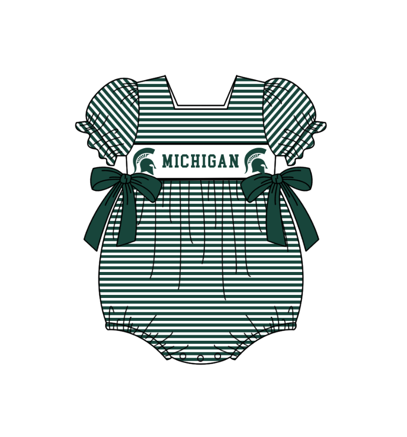 ( Moq 5 ) Baby Girls Kids Short Sleeves Green Stripes Purple Bows Team Romper