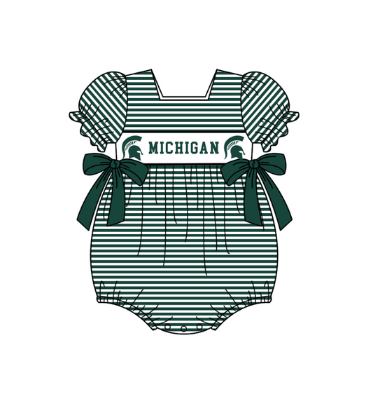 ( Moq 5 ) Baby Girls Kids Short Sleeves Green Stripes Purple Bows Team Romper