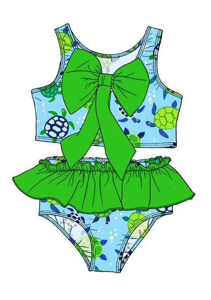( Moq 5 Each Style ) Sibling Baby Girls Kids Summer Tops Ruffle Shorts Green Bows Sets Swimsuits