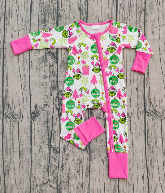 ( No moq ) Preorder Baby Girl Long Sleeves Green Face Tree Christmas Zipper Romper