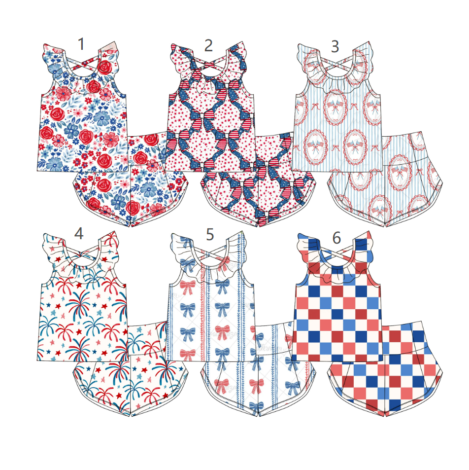 ( Moq 5 Each Style ) Sibling Baby Girls Kids 4th of July Bows Flower Shirt Shorts Sets Summer Clothes