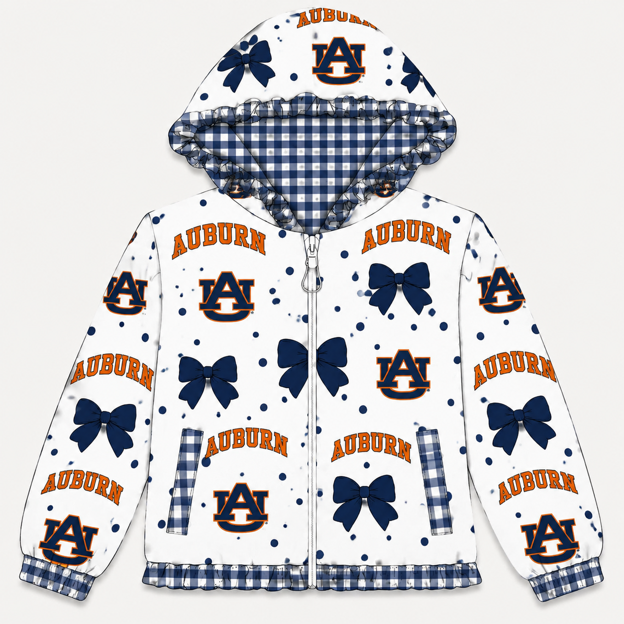( Moq 5 ) Preorder Baby Girl Kids Navy Bows Plaid Pockets Zipper Hoodie Jacket Coat Team Tops