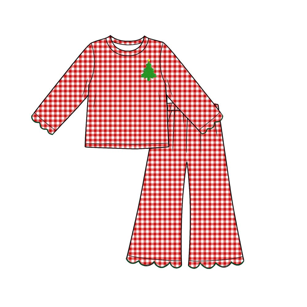 ( Moq 5 ) Preorder Baby Girls Kids Christmas Tree Scallop Tops Red Plaid Pants Set Clothes