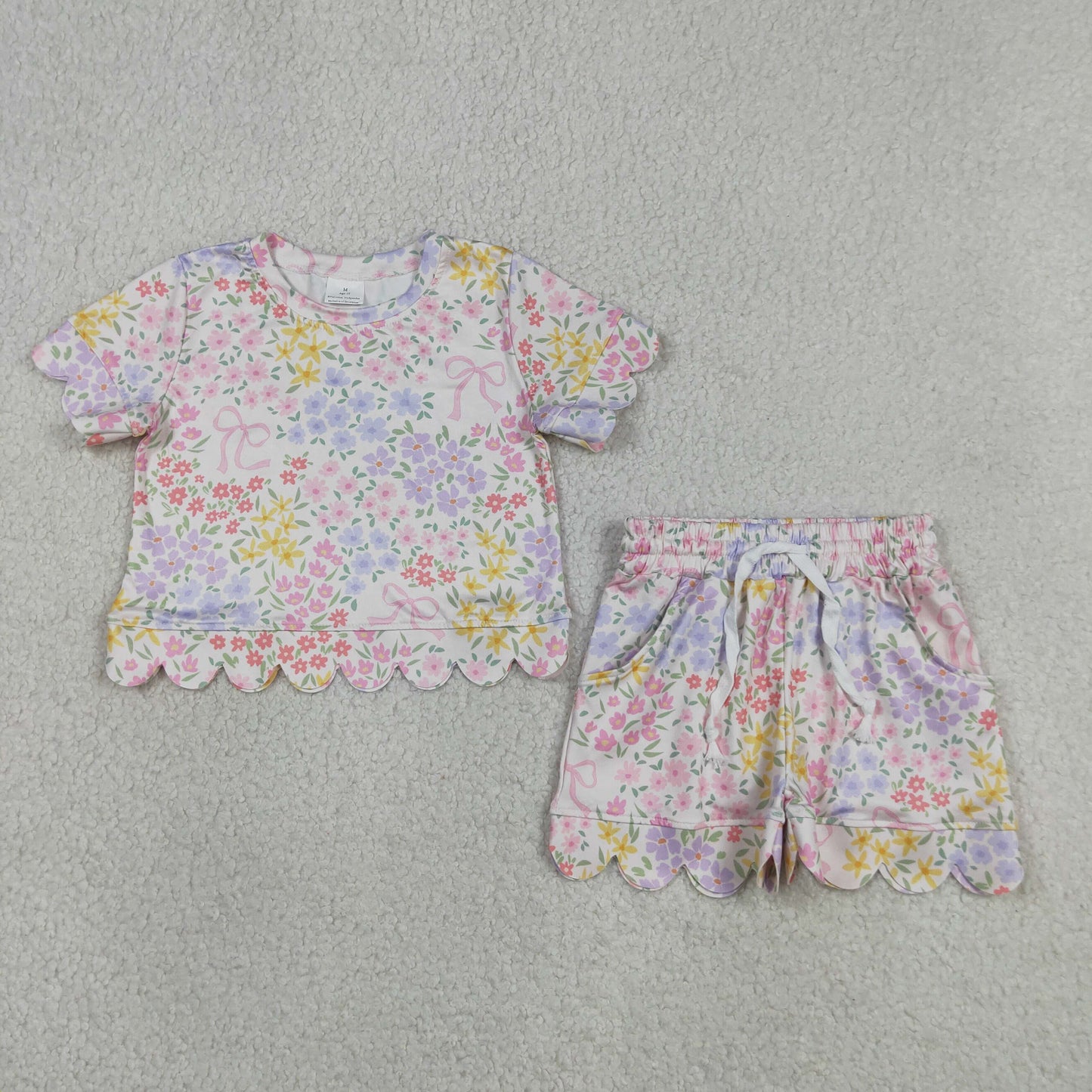 Baby Girls Kids Short Sleeves Bows Floral Shirt Scallop Shorts Summer Set RTS