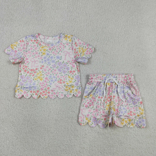 Baby Girls Kids Short Sleeves Bows Floral Shirt Scallop Shorts Summer Set RTS
