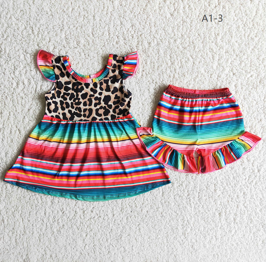Promotion Baby Girl Summer Leopard Stripe Shorts Outfit RTS