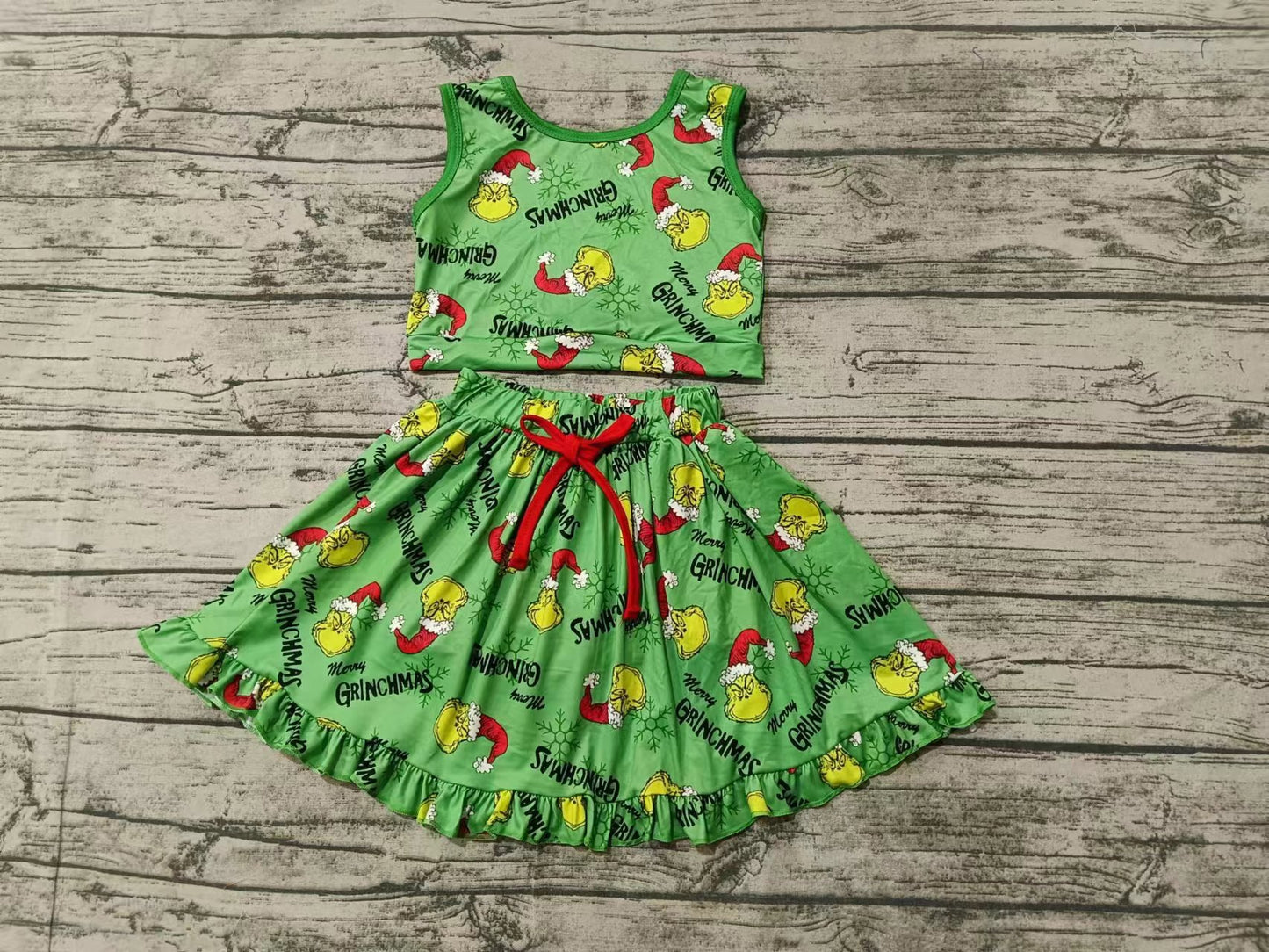 Baby Girl Sleeveless Christmas Green Frog Tops Skirt Shorts Set