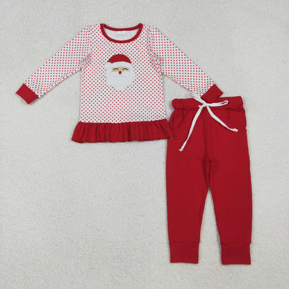 Sibling Baby Boys Girls Long Sleeves Embroidery Santa Shirt Pockets Red Pants Christmas Sets RTS