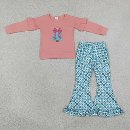 Sibling Baby Girls Kids Long Sleeves Embroidery Bows Tree Romper Set Christmas Clothes RTS