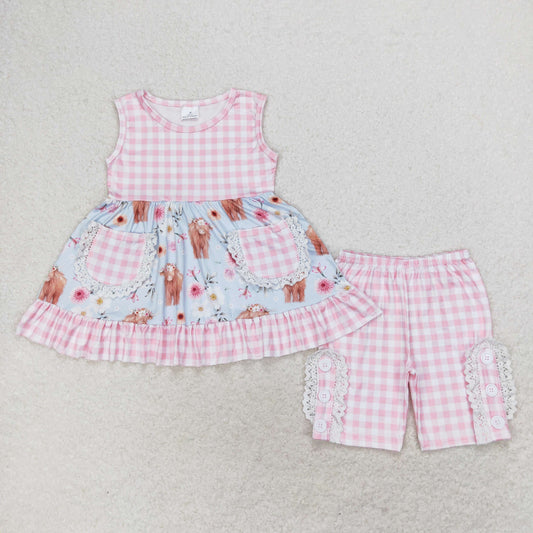 Baby Girl Sleeveless Cow Floral Tunic Pink Plaid Shorts Set