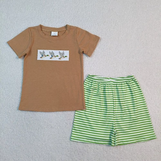 Baby Boys Kids Short Sleeves Embroidery Ducks Shirt Green Stripes Shorts Set RTS