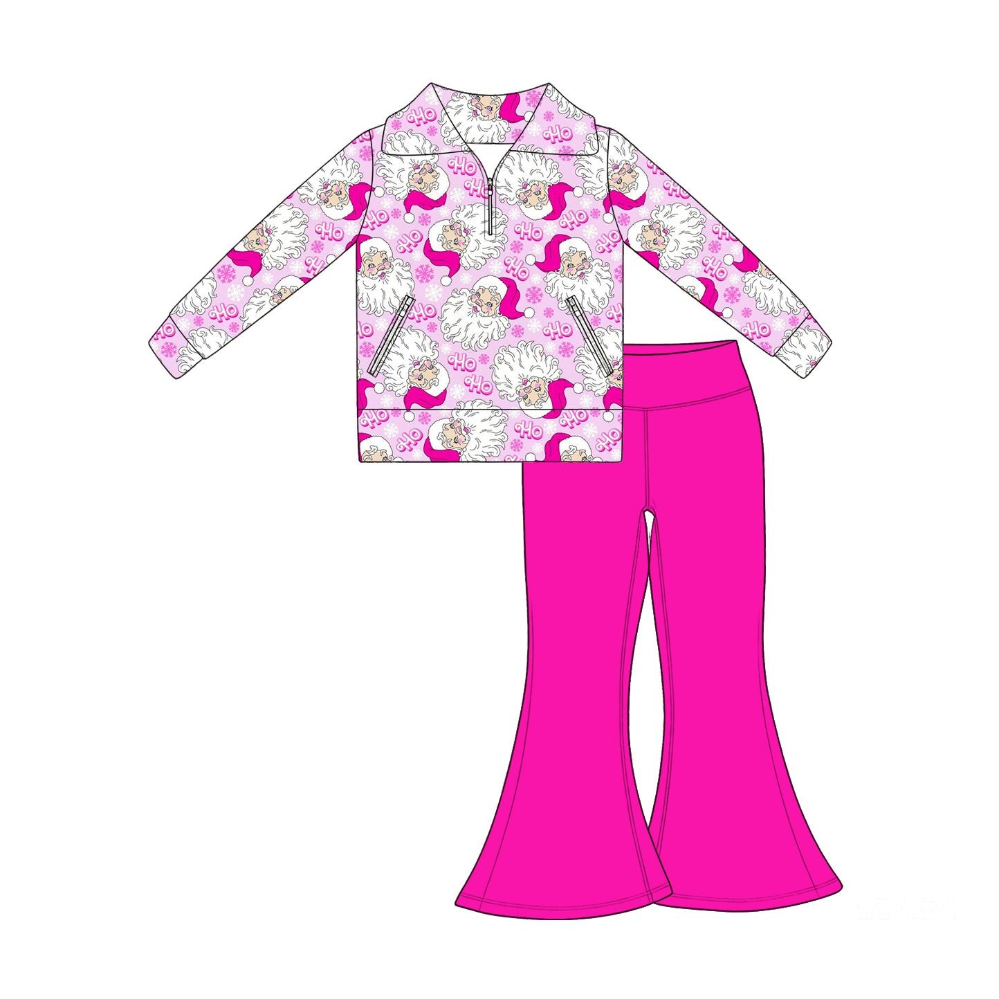 ( Moq 5 ) Preorder Baby Girls Kids Christmas Santa Zipper Pockets Tops Pants Set Pink Clothes