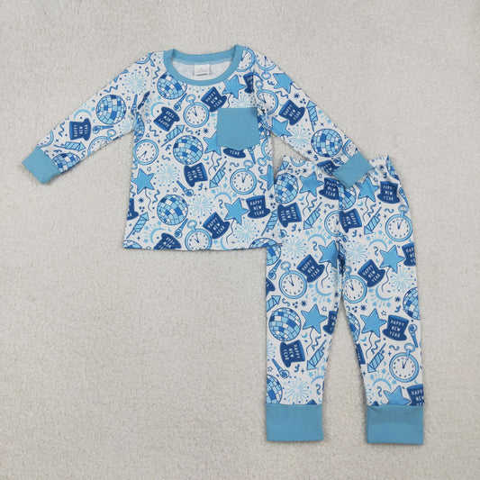 Boys Kids Long Sleeves Shirt Pants Happy New Year Blue Pajamas Set RTS