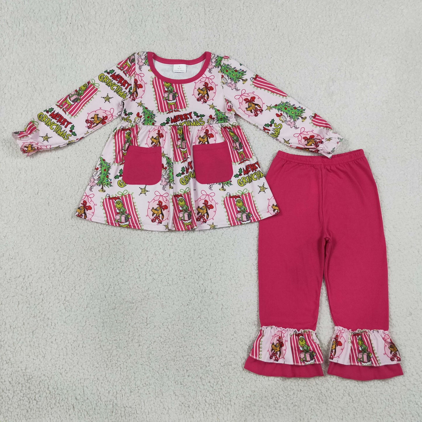 Baby Girl Kids Christmas Face Bows Pockets Tunic Pink Pants Set Clothes RTS