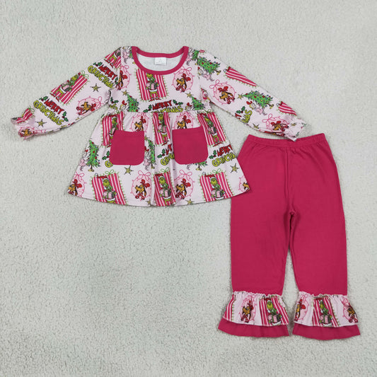 Baby Girl Kids Christmas Face Bows Pockets Tunic Pink Pants Set Clothes RTS