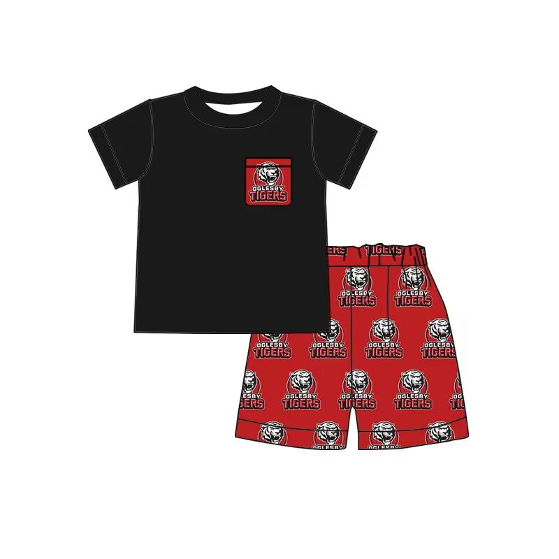 baby boy black short sleeves pocket shirt tiger shorts team set