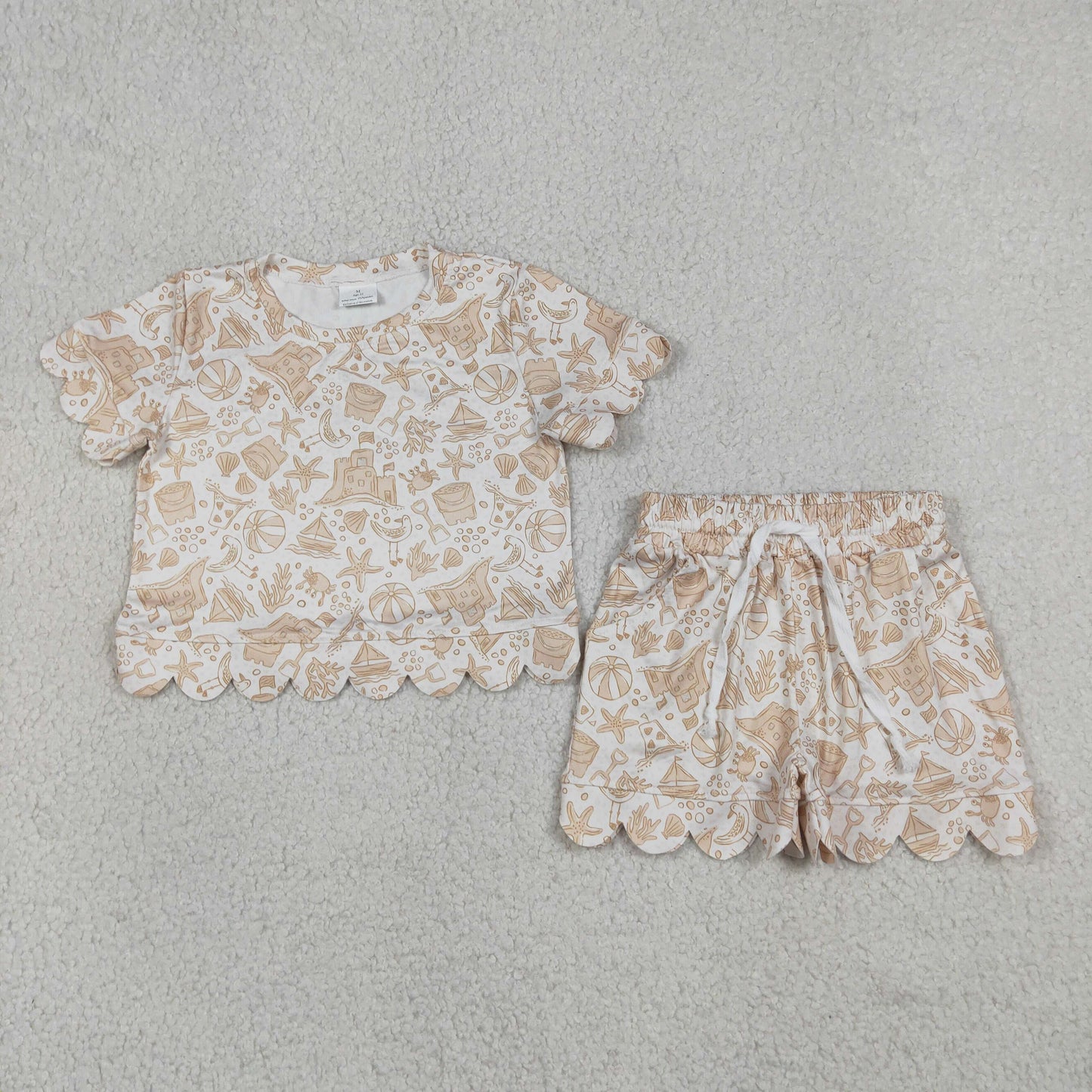 Baby Girls Kids Short Sleeves Beach Shirt Scallop Shorts Set Clothes RTS