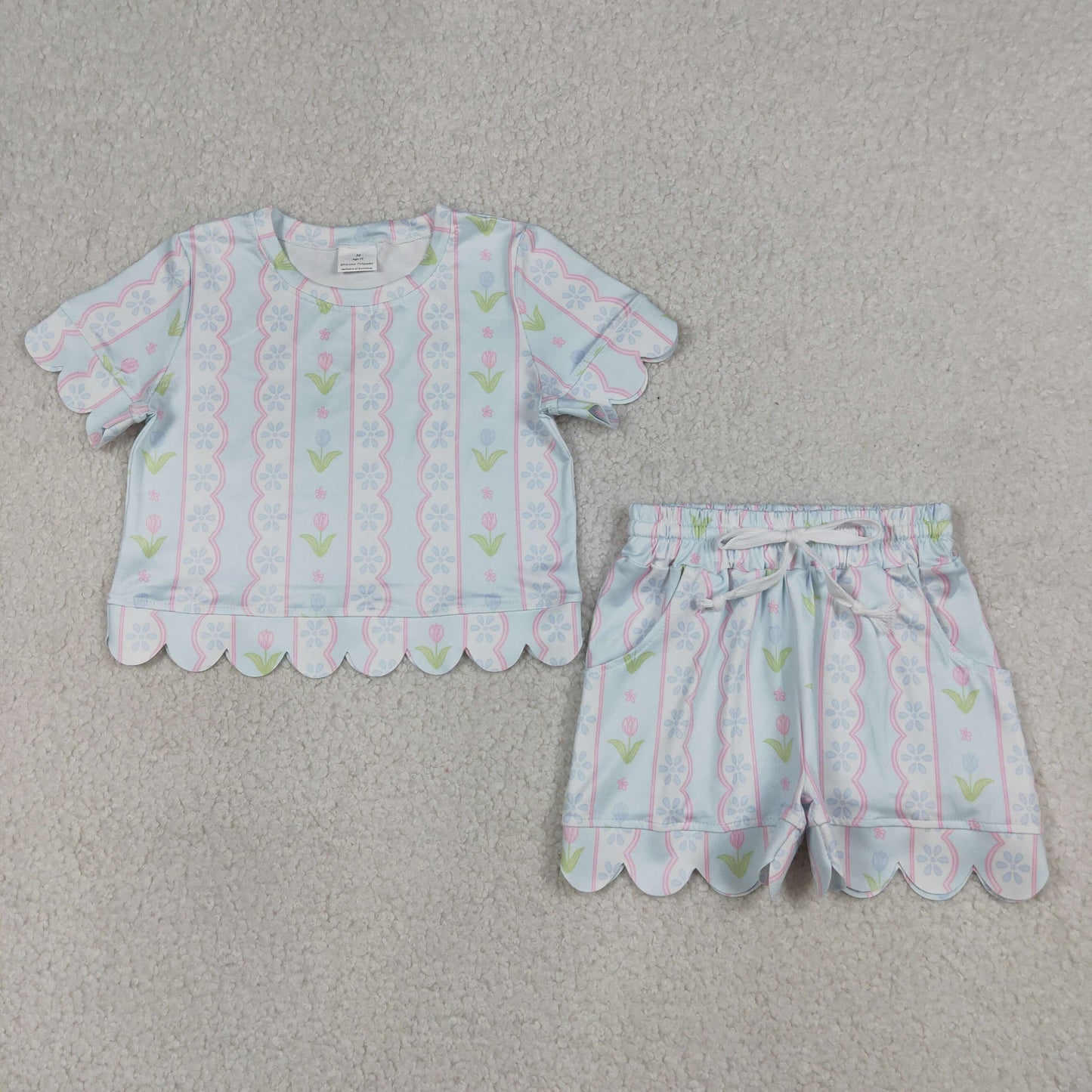 Baby Girls Kids Short Sleeves Flower Shirt Scallop Scallop Shorts Summer Set RTS
