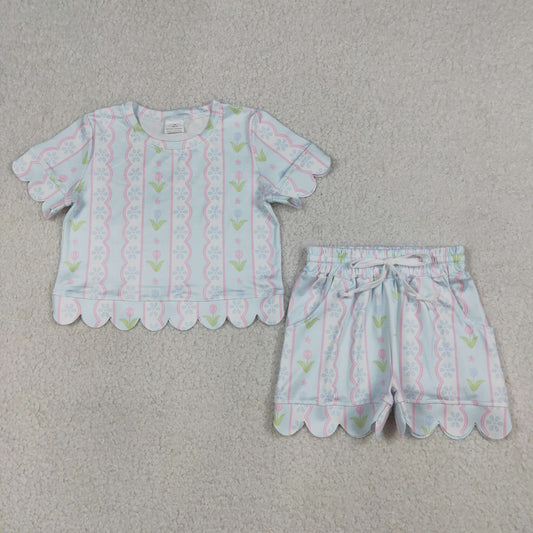 Baby Girls Kids Short Sleeves Flower Shirt Scallop Scallop Shorts Summer Set RTS