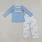 Sibling Girls Boys Kids Blue Long Sleeves Christmas Embroidery Santa Tops Pants Clothes Set RTS