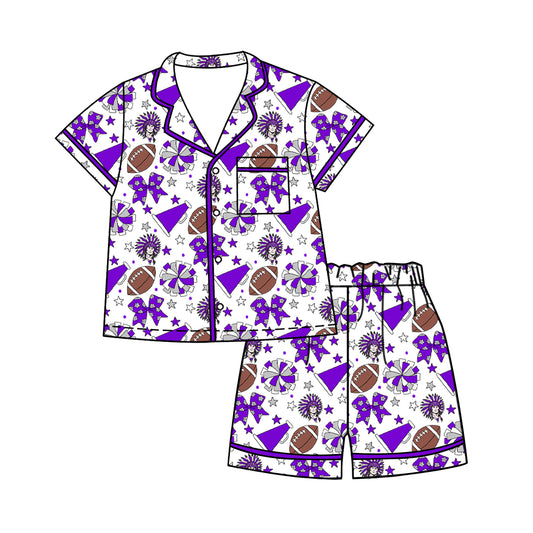( Moq 5 ) Baby Girls Kids Short Sleeves Cheer Football Purple Bows Shirt Shorts Pajamas Set