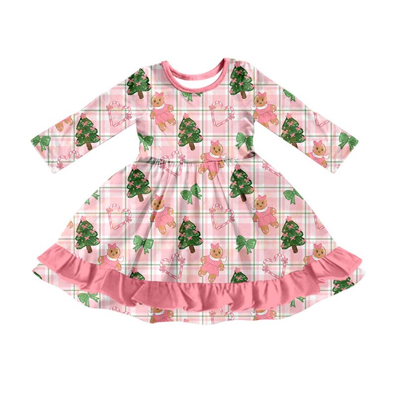 ( Moq 5 ) Preorder Baby Girls Kids Gingerbread Bows Tree Christmas Knee Length Dress Clothes