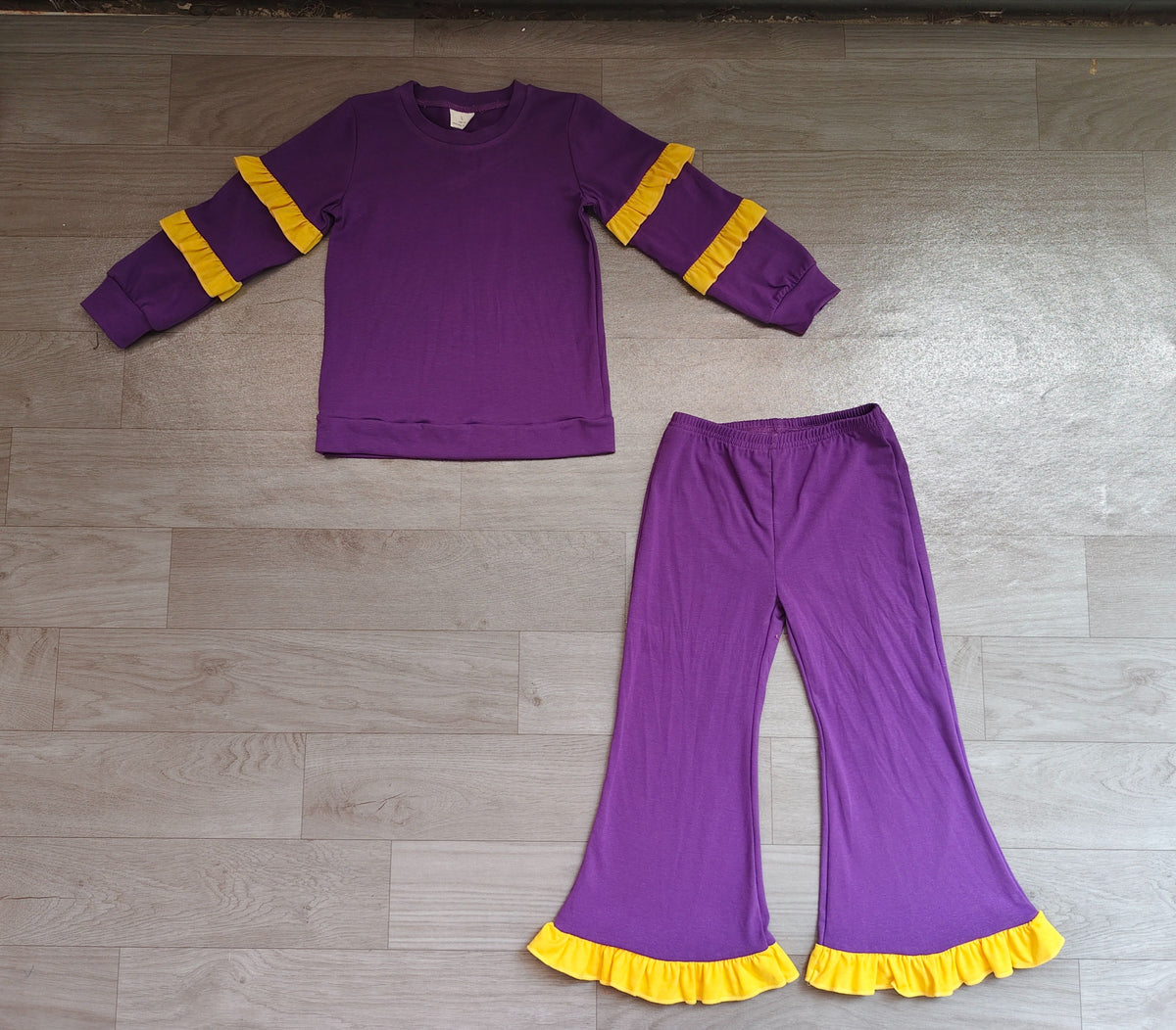 ( No moq ) Preorder Baby Girls Kids Yellow Ruffle Long Sleeves Shirt Pockets Pants Cotton Set Purple Clothes