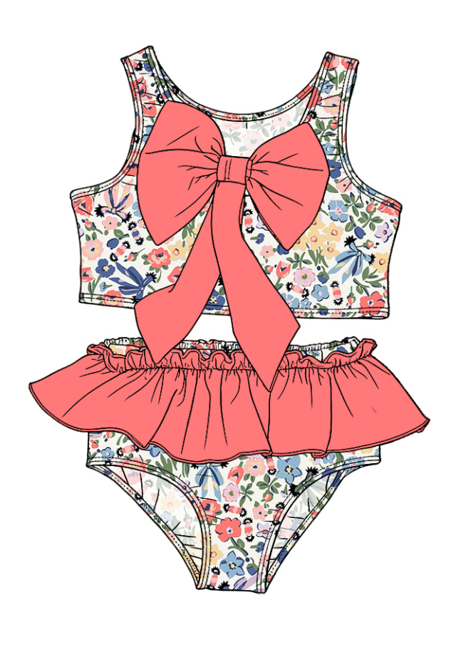 ( Moq 5 Each Style ) Sibling Baby Girls Kids Floral Tops Ruffle Shorts Bows Sets Summer Swimsuits
