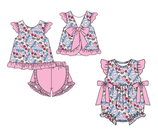 ( Moq 5 Each Style ) Sibling Baby Girls Kids Strawberry Bows Romper Set Summer Clothes