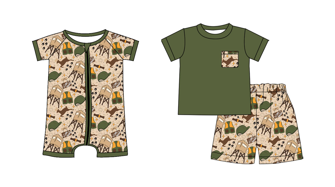 ( Moq 5 Each Style ) Baby Boys Kids Short Sleeves Deer Tops Shorts Sibling Hunting Set Romper