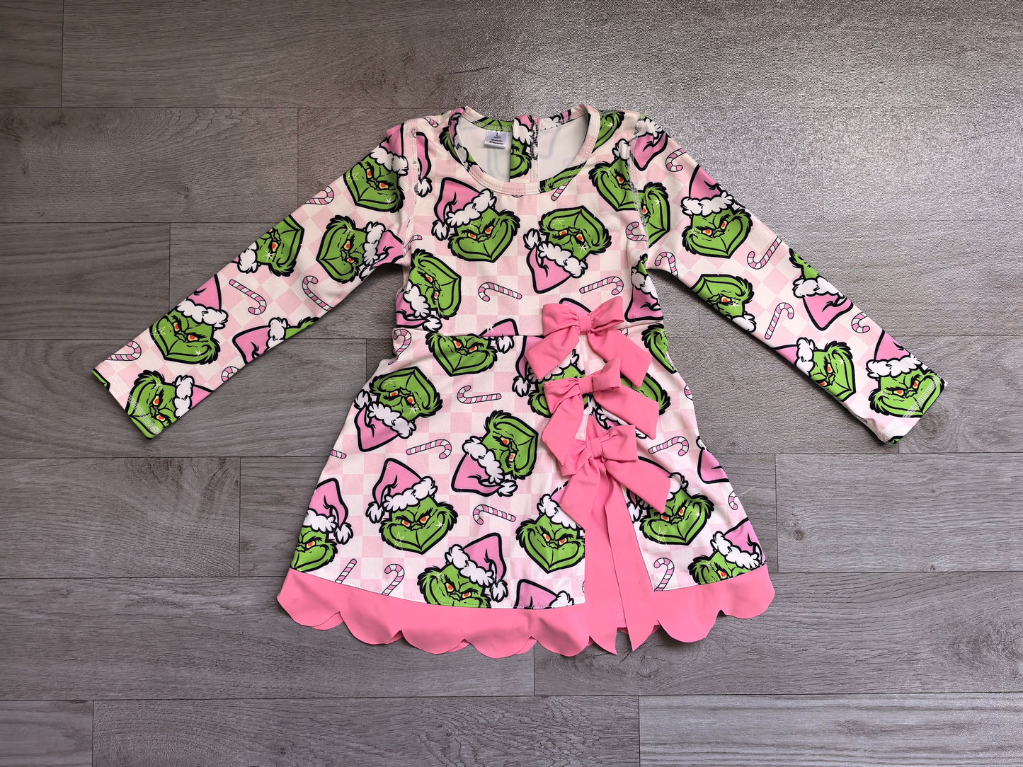 ( No moq ) Preorder Baby Girls Kids Long Sleeves Christmas Green Face Bows Scallop Dress Yoga Active Clothes