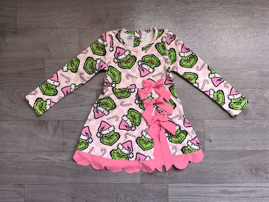 ( No moq ) Preorder Baby Girls Kids Long Sleeves Christmas Green Face Bows Scallop Dress Yoga Active Clothes