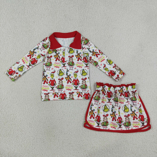 Baby Girls Kids Long Sleeves Green Face Zipper Shirt Skirt Shorts Christmas Set Clothes RTS