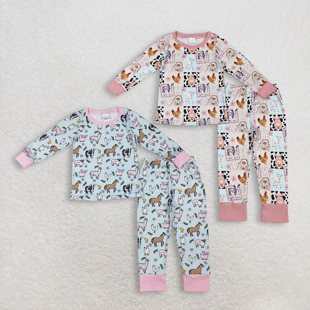 Sibling Baby Girls Kids Long Sleeves Farm Animals Shirts Pants Pajamas Sets RTS