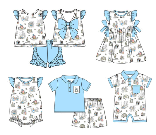 Baby Boy Girl Short Sleeves Easter Rabbit Sibling Matching Dress Romper Blue Clothes Set Moq 5 Each style