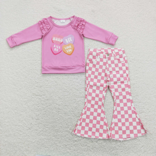 GLP1167 Baby Girl Long Sleeves Hearts Shirt Pink Checkered Denim Bell Pants Valentine's Day Set