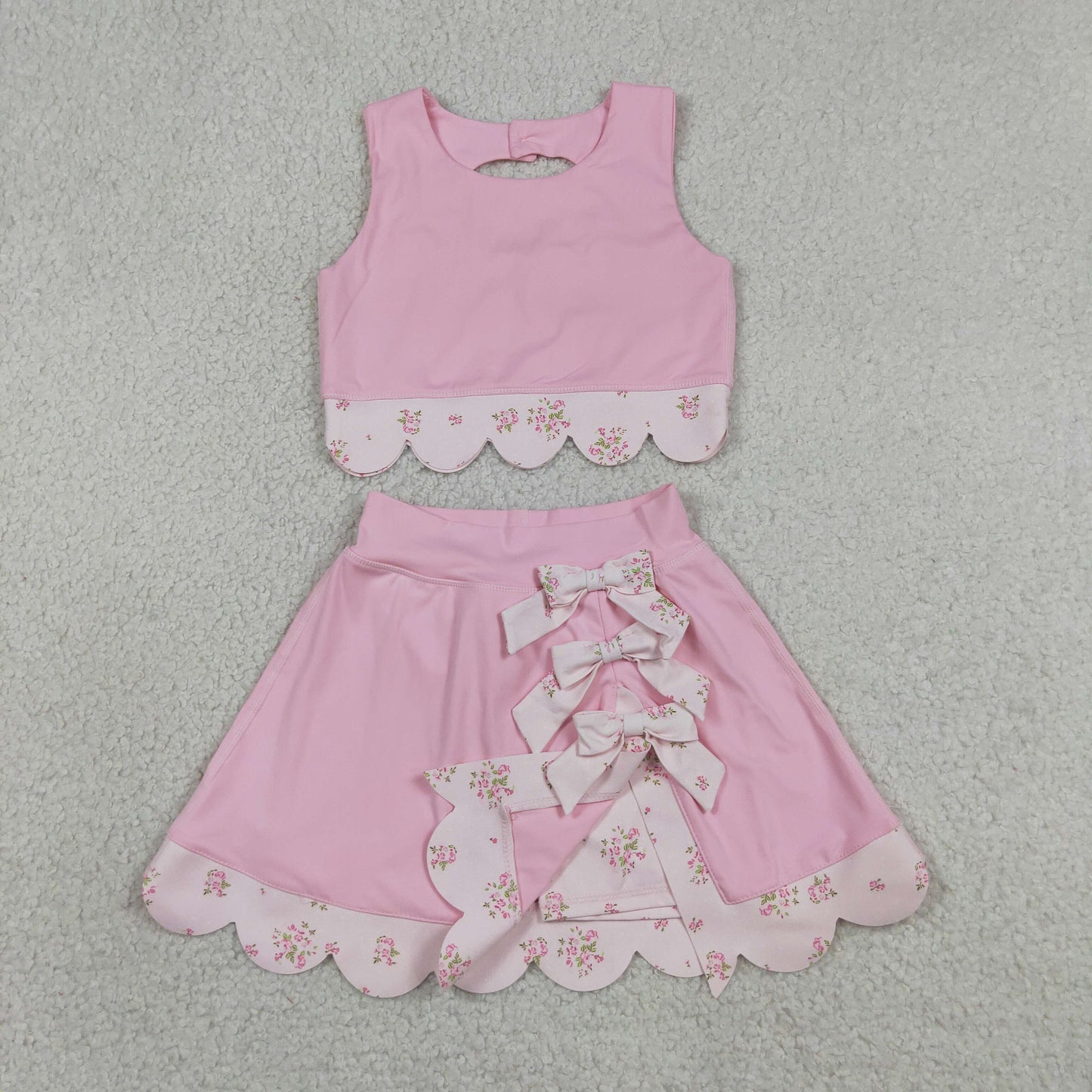 Baby Girls Pink Sleeveless Tops Bows Skirt Shorts Yoga Clothes Set RTS