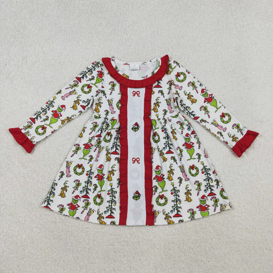 Girls Kids Long Sleeves Embroidery Green Face Bows Christmas Knee Length Dress RTS