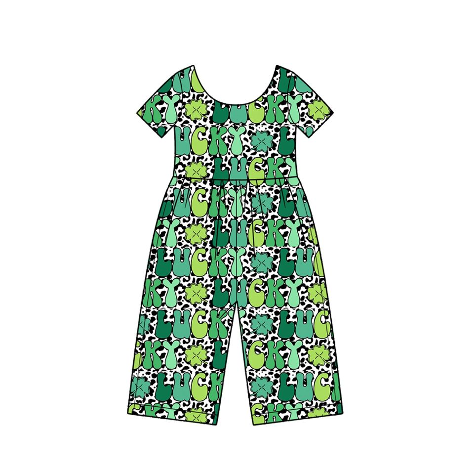 ( Moq 5 ) Preorder Baby Girl Kids Short Sleeves Clovers Leopard Pants Jumpsuit St Patrick Clothes