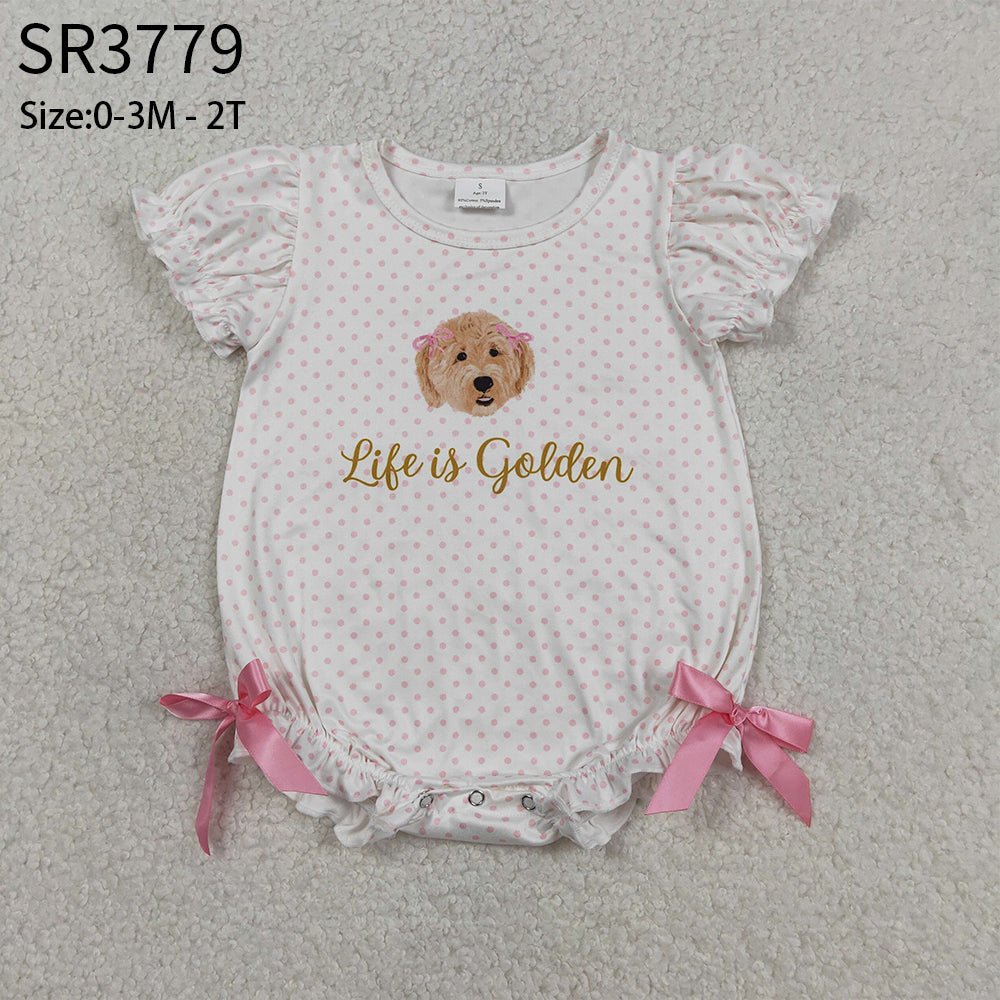 Baby Girls Infant Short Sleeves Dogs Dots Bows Bubble Romper RTS