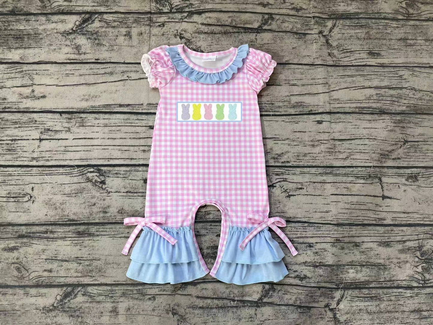 No moq Pre-order SR0689 Baby Girl Easter Rabbit Plaid Ruffle Romper