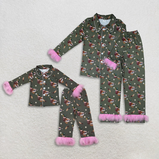Sibling Baby Girls Adult Women Ducks Flower Buttons Shirts Pants Fur Pajamas Hunting Sets RTS