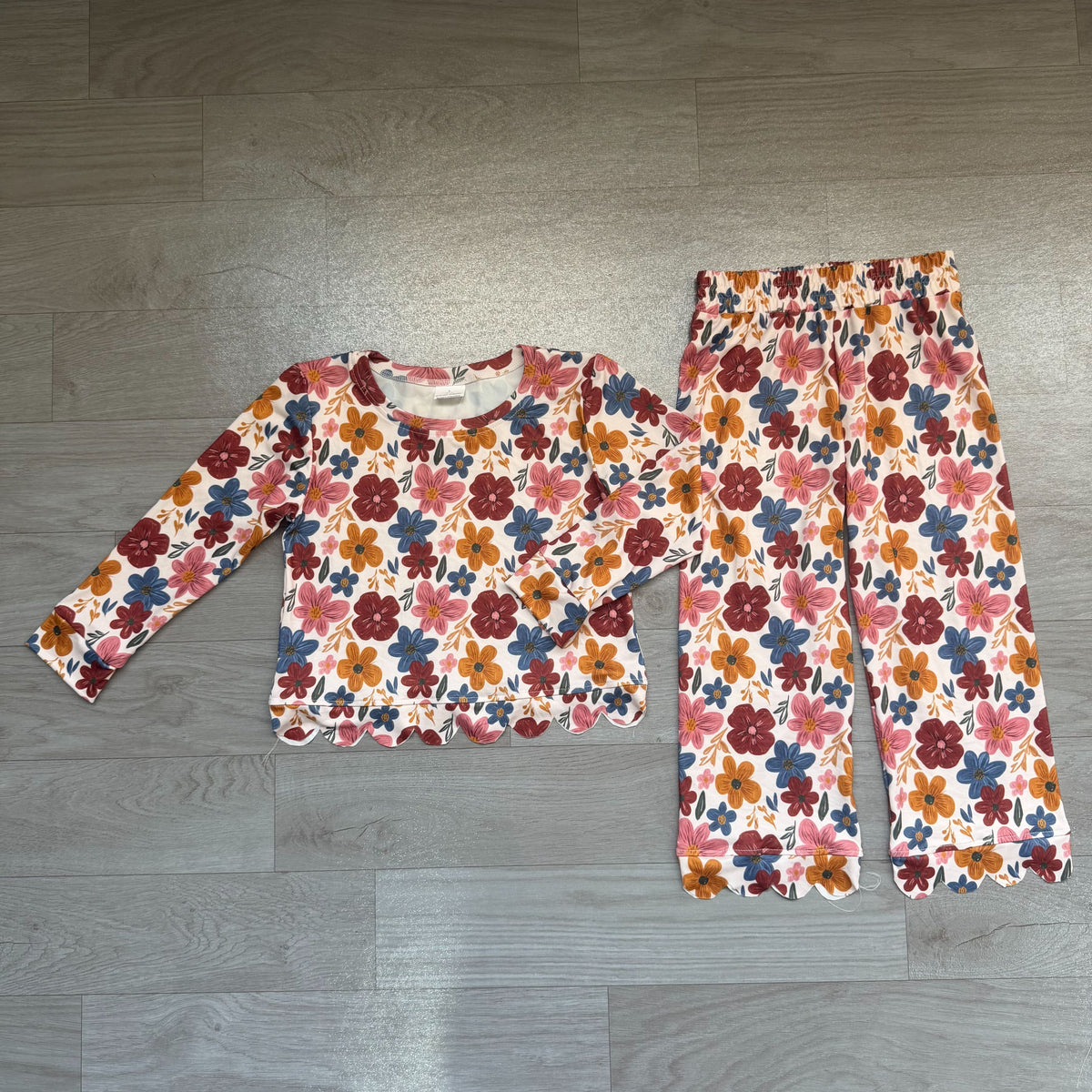 ( No moq ) Preorder Baby Girls Kids Long Sleeves Flower Shirt Pants Scallop Set Clothes