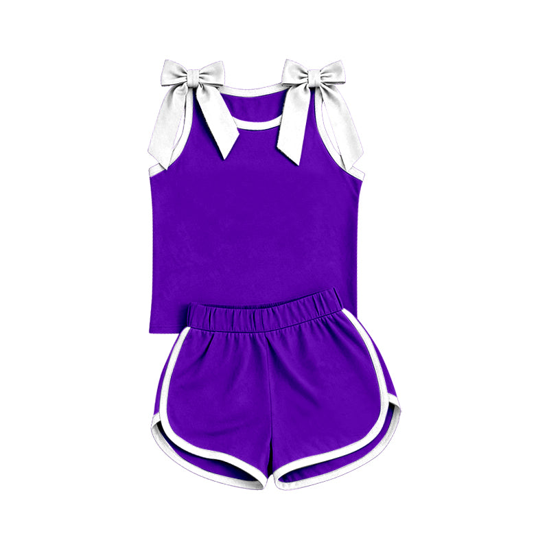 ( Moq 5 ) Preorder Baby Girls Kids White Trim Sleeveless Bows Shirt Shorts Purple Set Summer Clothes