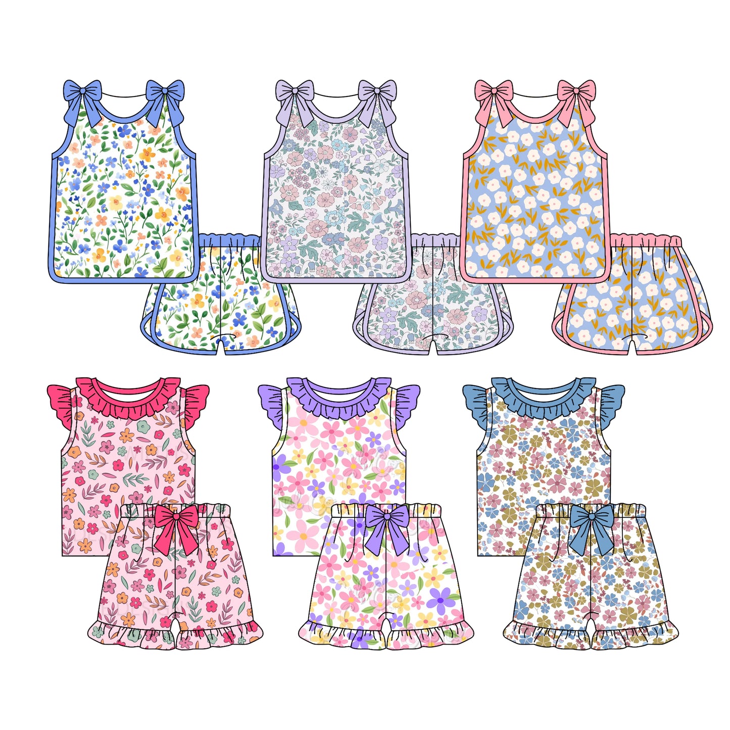 ( Moq 5 Each Style ) Sibling Baby Girls Kids Flower Bows Shirts Shorts Sets Summer Clothes