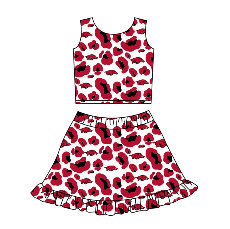 ( Moq 5 ) Baby Girls Kids Sleeveless Red Leopard Pigs Football Tops Shorts Skirt Team Clothes Set